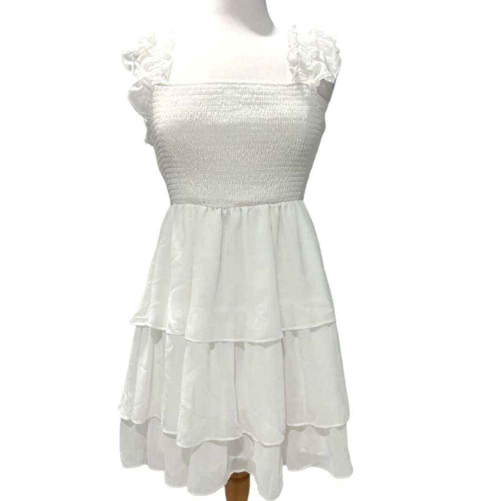 Byinns Women's Mini Dress Square Neck Lace Short Puff Sleeve Dress-White-Small